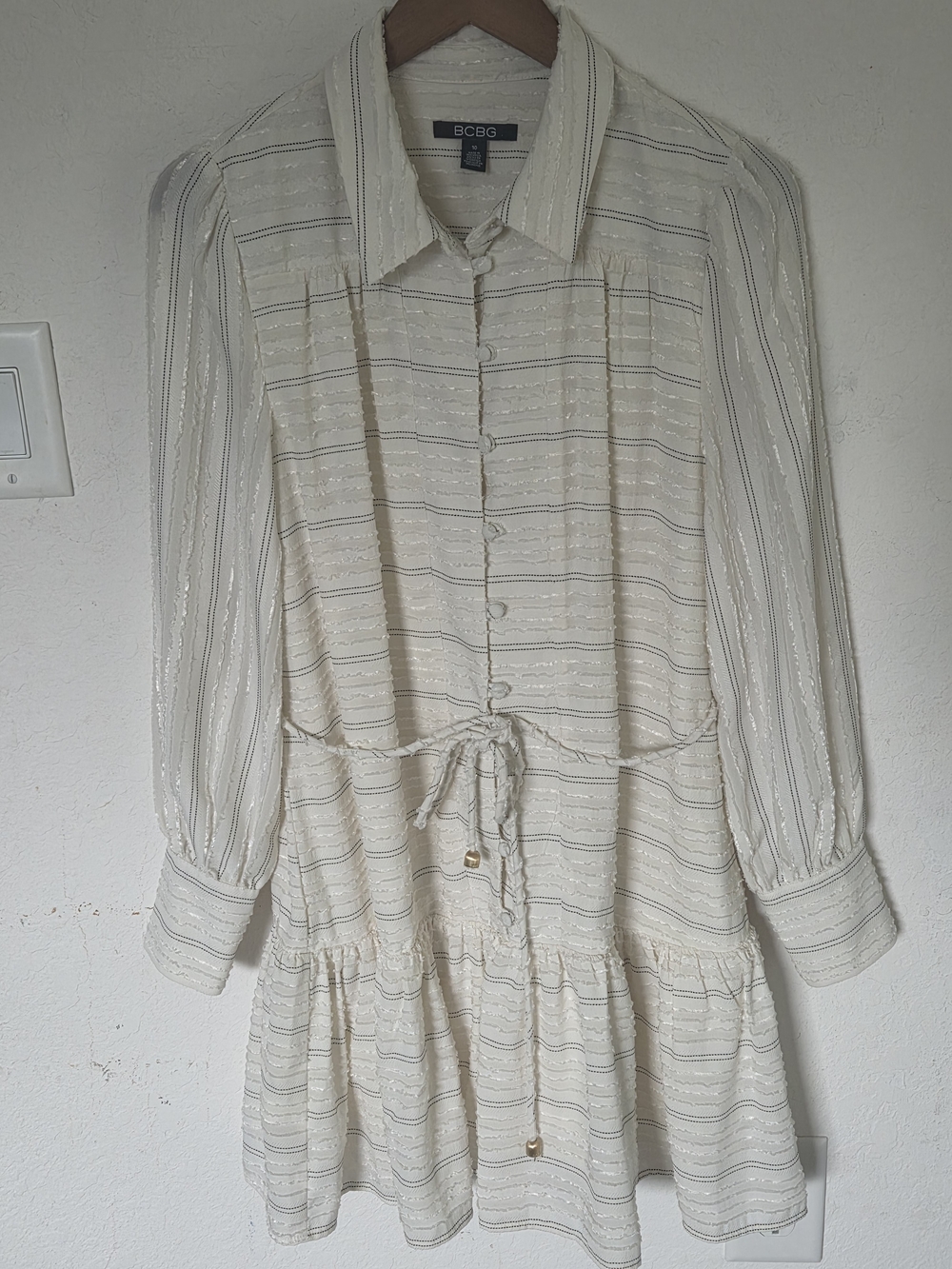 BCBG Womens 10 White Striped Fringed Shirt Dress Tiered Mini Long Sleeve Boho